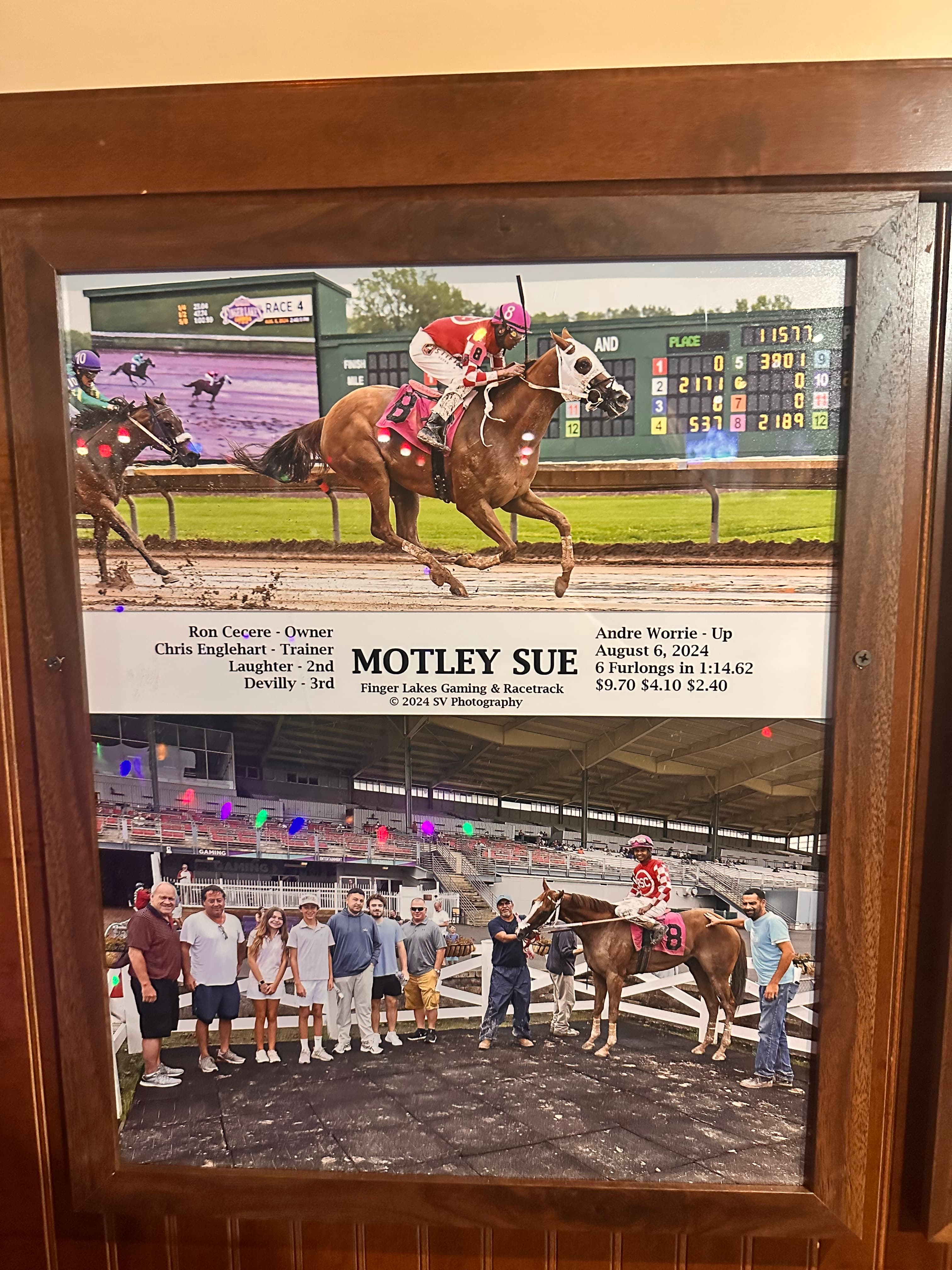 Framed photos of racehorse Motley Sue winning at Finger Lakes Gaming & Racetrack, August 6, 2024